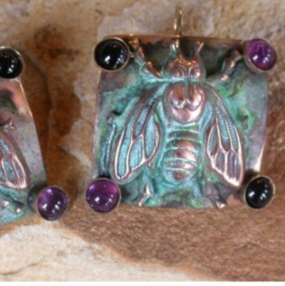 Elaine Coyne Verdigris Patina Brass Bumlebee Earrings - Amethyst, Onyx Art towea